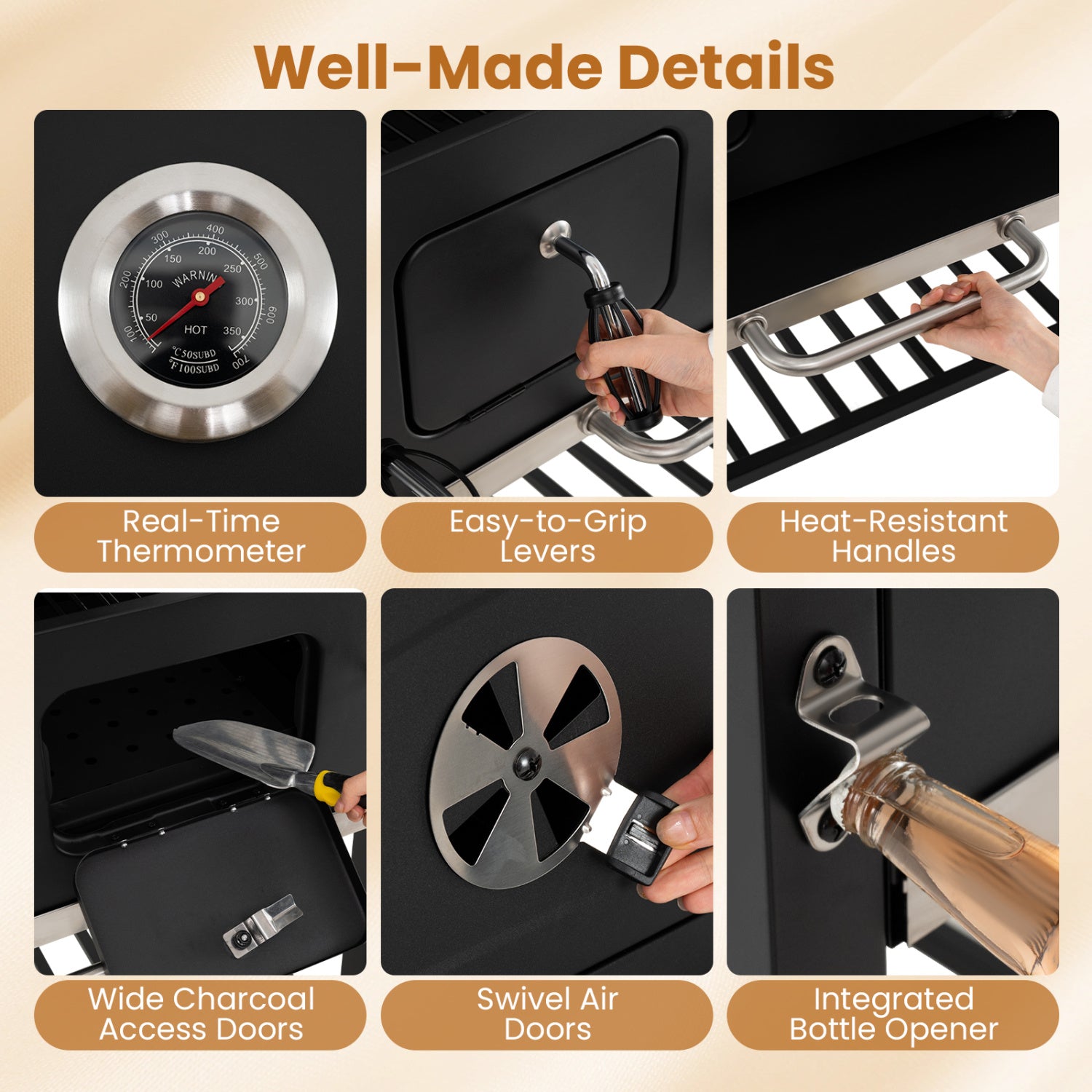 Large charcoal grill with lifting trays, folding tables, and wheels, perfect for outdoor cooking by Wilsons Home Store.
