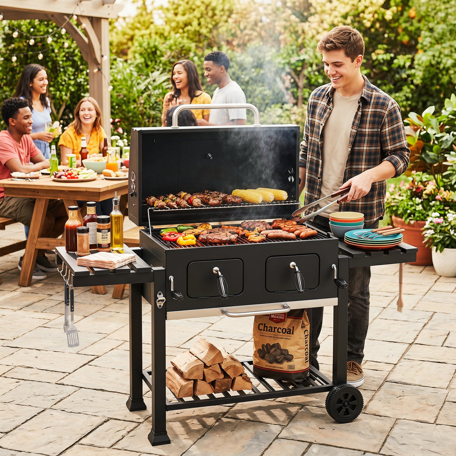 Large charcoal grill by Wilsons Home Store with lifting trays, folding tables, wheels, perfect for outdoor grilling.