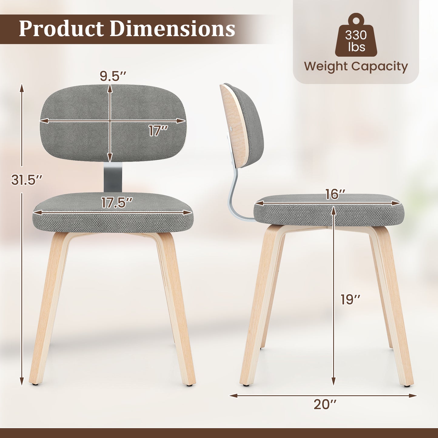 Chenille Fabric Upholstered Wooden Kitchen Chairs Set of 2-Dark Gray