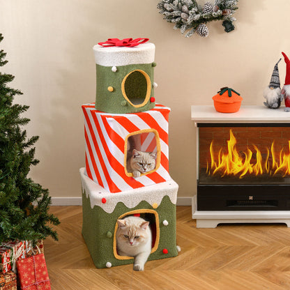 Christmas Cat Tree for Indoor Cats 47" Cute Cat Climbing Furniture with 3 Condos-Green