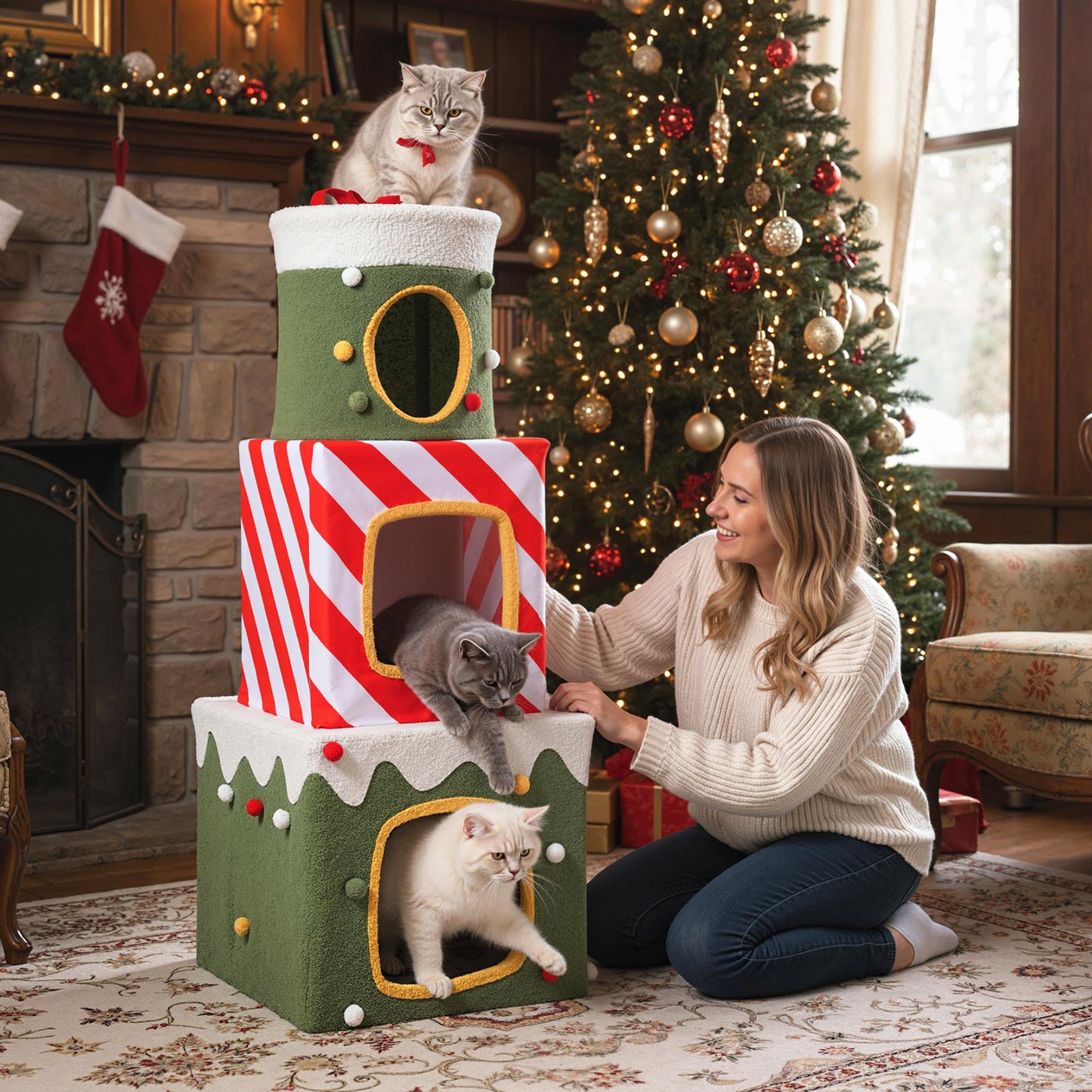 Christmas Cat Tree for Indoor Cats 47" Cute Cat Climbing Furniture with 3 Condos-Green