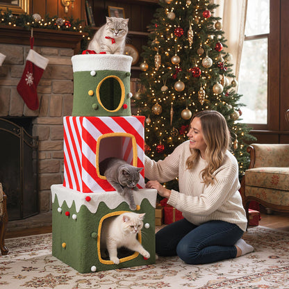 Christmas Cat Tree for Indoor Cats 47" Cute Cat Climbing Furniture with 3 Condos-Green