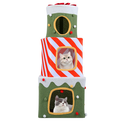 Christmas Cat Tree for Indoor Cats 47" Cute Cat Climbing Furniture with 3 Condos-Green
