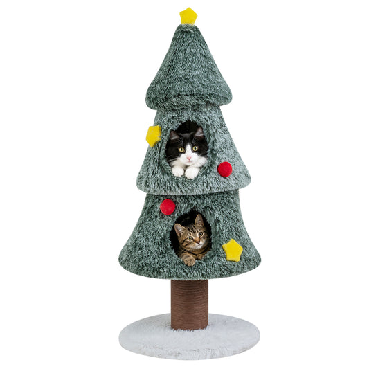 Green Christmas cat tree with two condos, scratching post, and decorative stars for cats to climb and play.