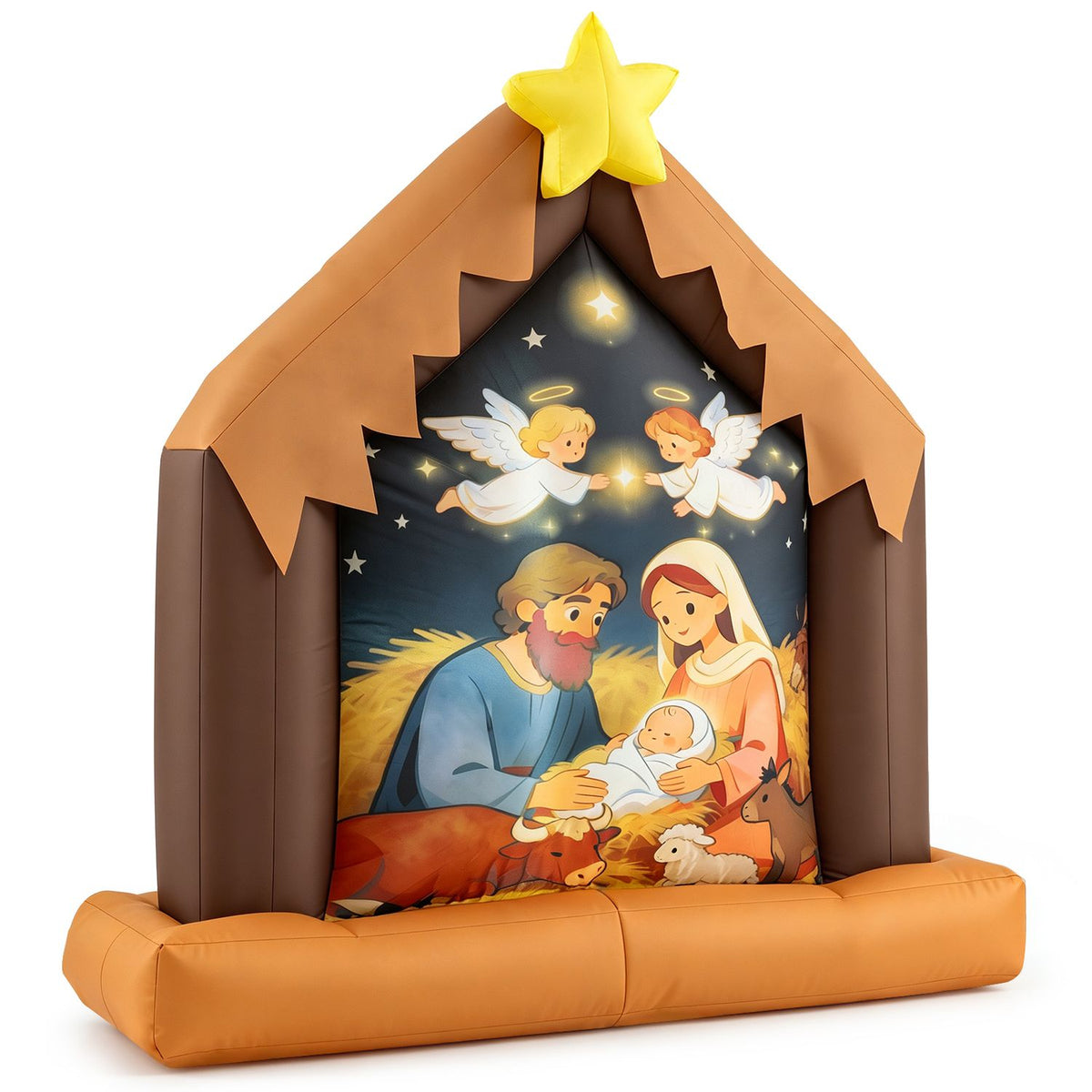 Christmas Inflatable Nativity Scene with built-in lights, holiday decor by Wilsons Home Store, featuring figures and festive illumination.
