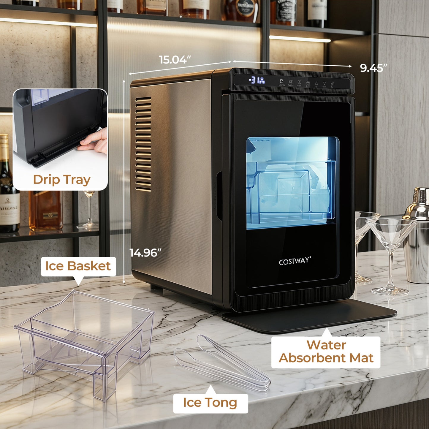 Silver Clear Ice Cube Maker by Wilsons Home Store, countertop appliance with large 1.6-inch square ice cubes.