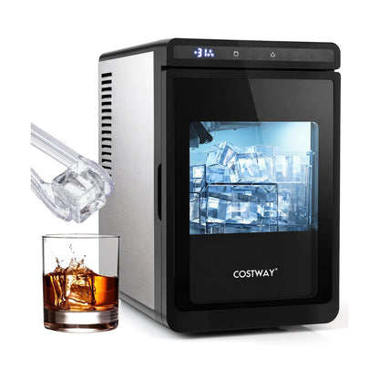Clear ice cube maker by Wilsons Home Store, countertop appliance with large 1.6-inch square ice cubes in a silver finish.