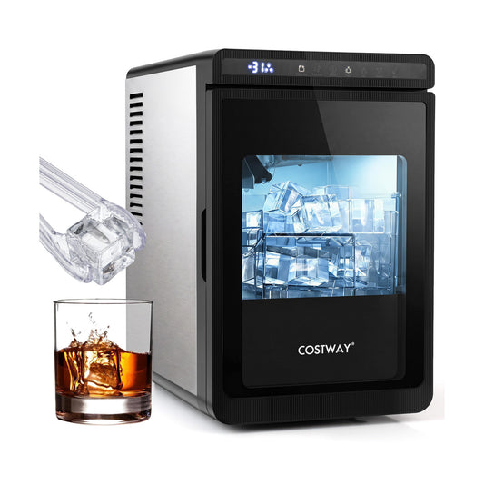 Clear ice cube maker by Wilsons Home Store, countertop appliance with large 1.6-inch square ice cubes in a silver finish.
