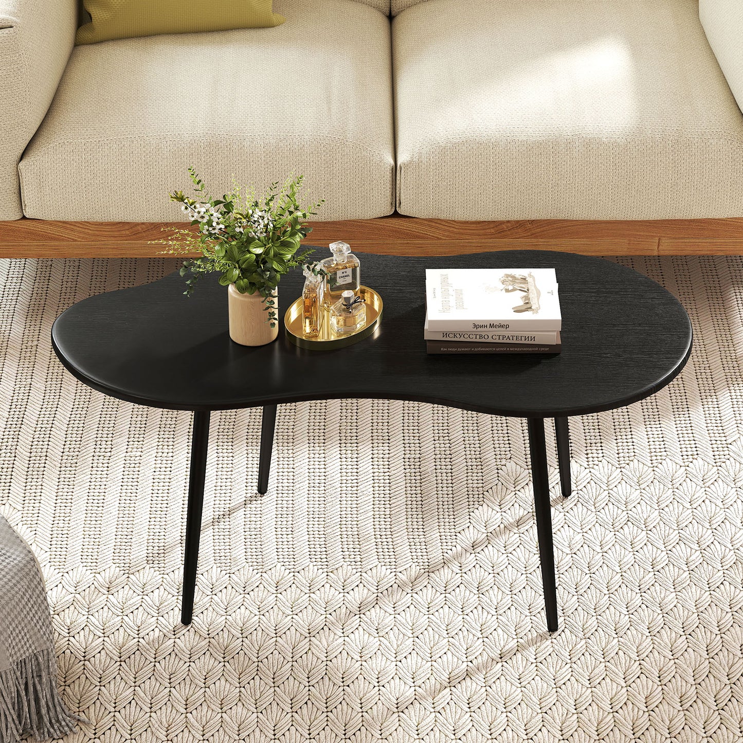 Cloud Shape Coffee Table 39.5 inch Irregular Center Table with Metal Frame-Black