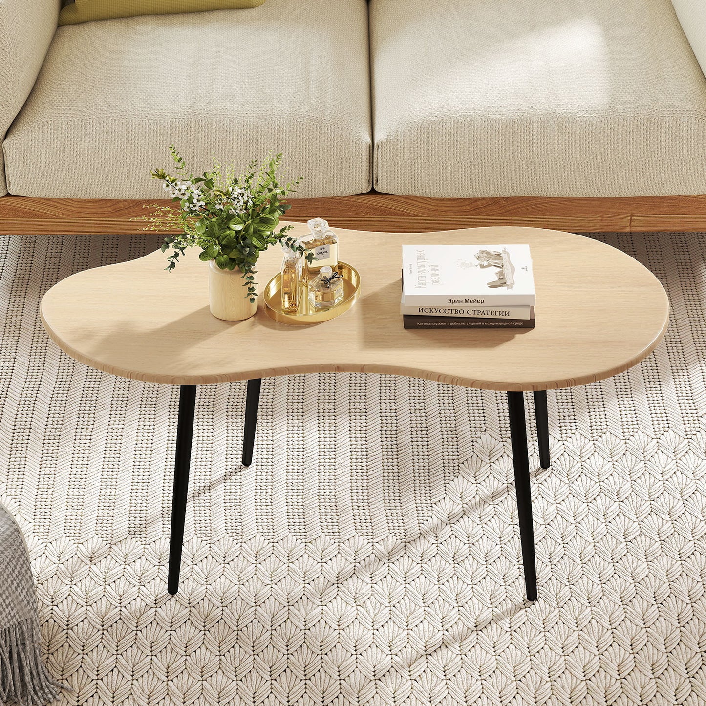Cloud Shape Coffee Table 39.5 inch Irregular Center Table with Metal Frame-Black