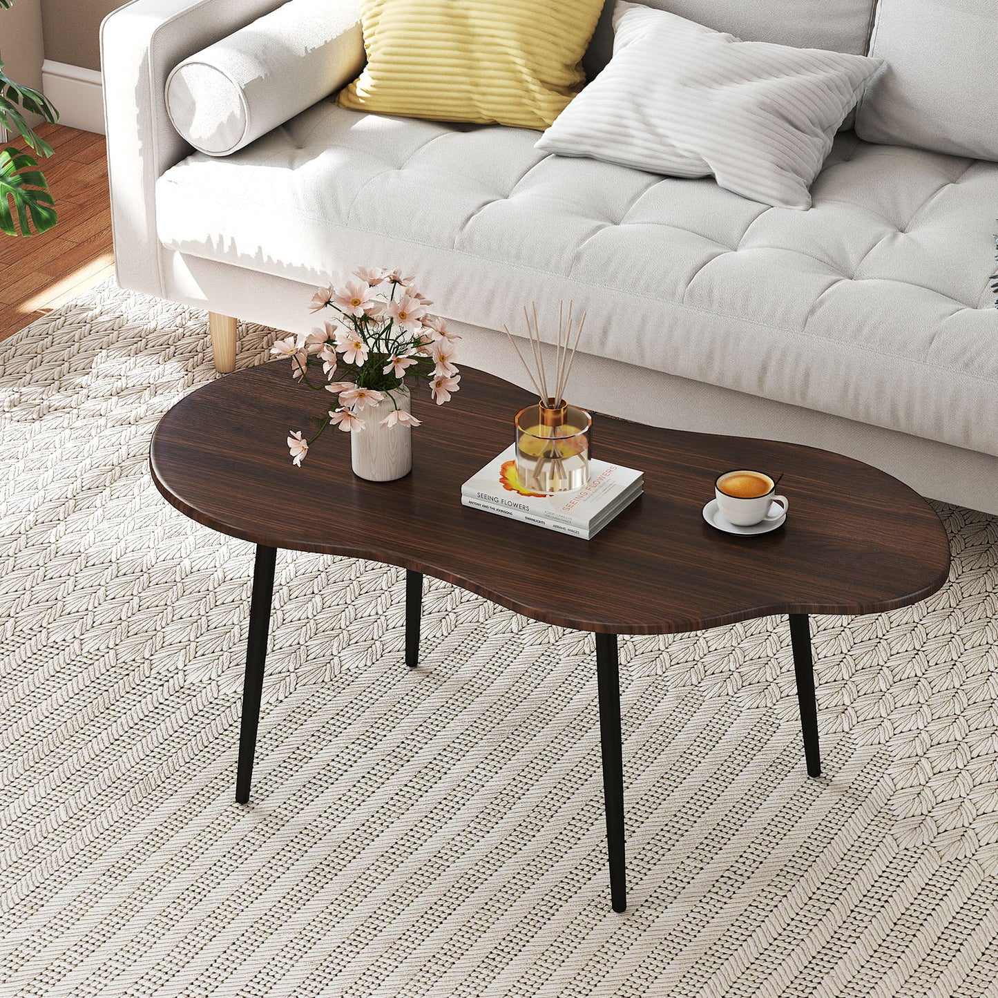 Cloud Shape Coffee Table 39.5 inch Irregular Center Table with Metal Frame-Black