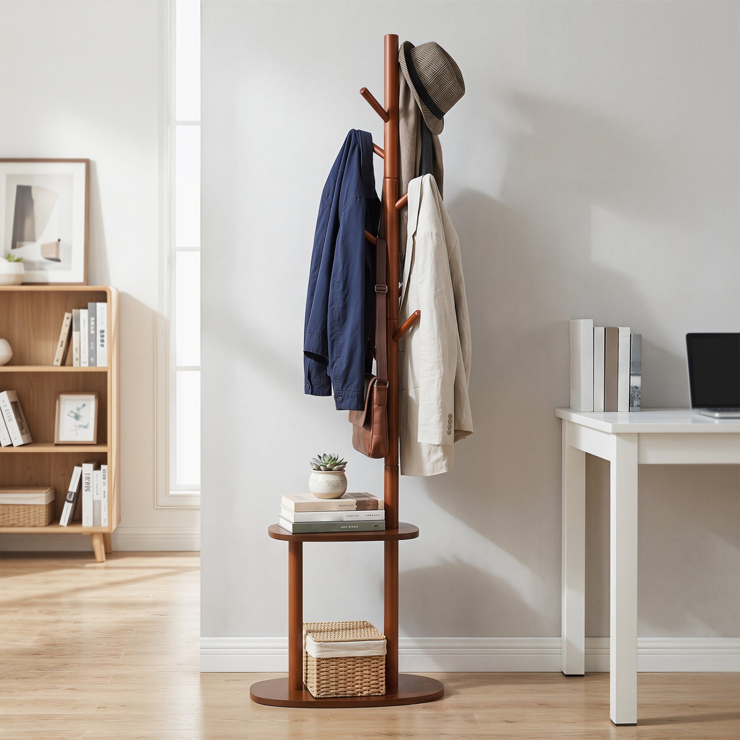 Walnut coat rack with 8 rubber wood hooks and 2 storage shelves, ideal for entryway organization and hallway decor.