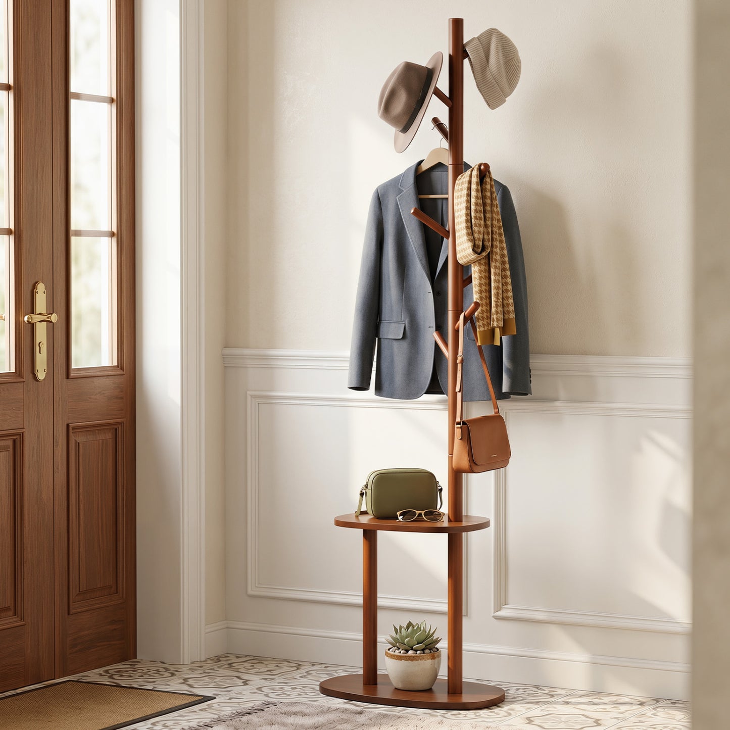 Walnut coat rack with 8 rubber wood hooks and 2 storage shelves, ideal for entryway organization and modern home decor.