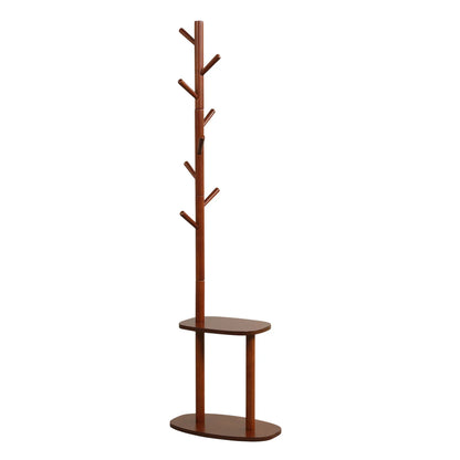 Walnut coat rack with 8 rubber wood hooks and two storage shelves, ideal for entryways and hallways.
