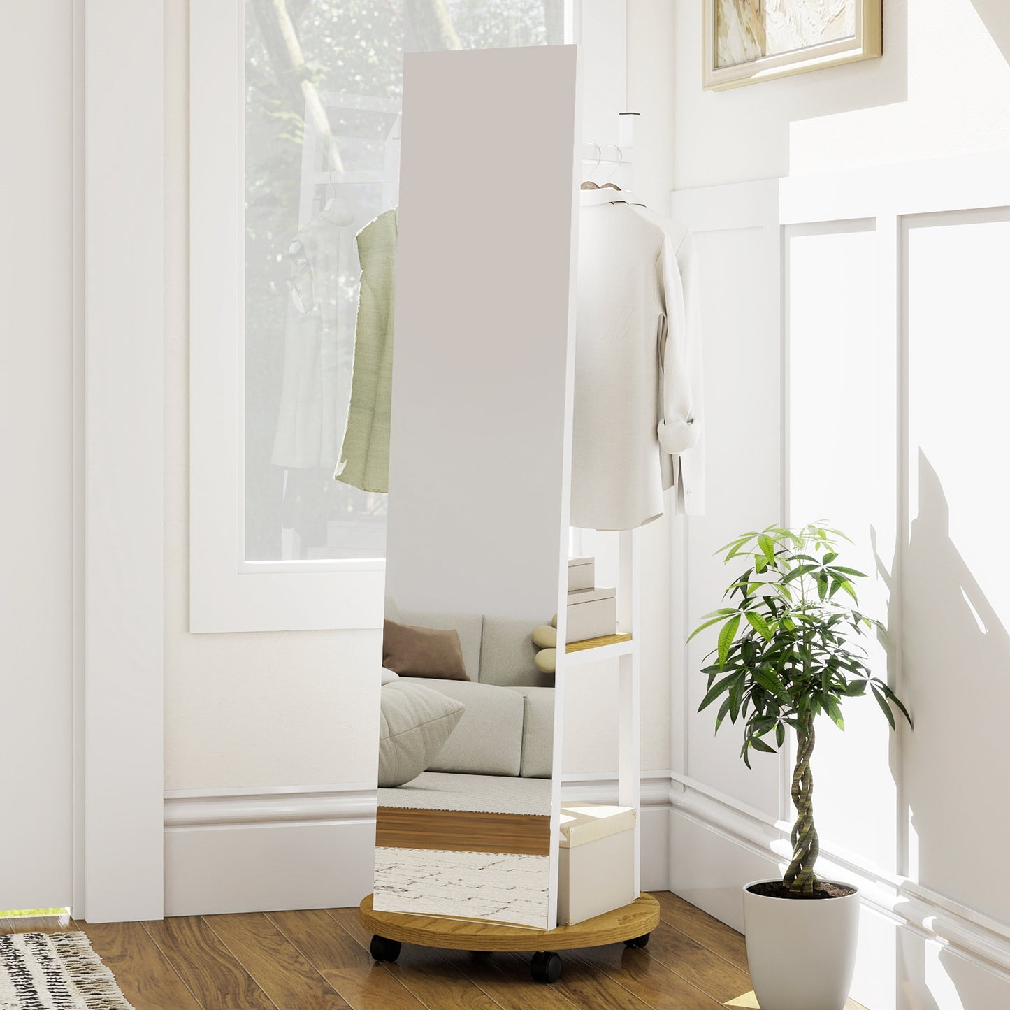 Coat Rack with Full Length Mirror Freestanding Coat Tree with 3 Hooks-Natural