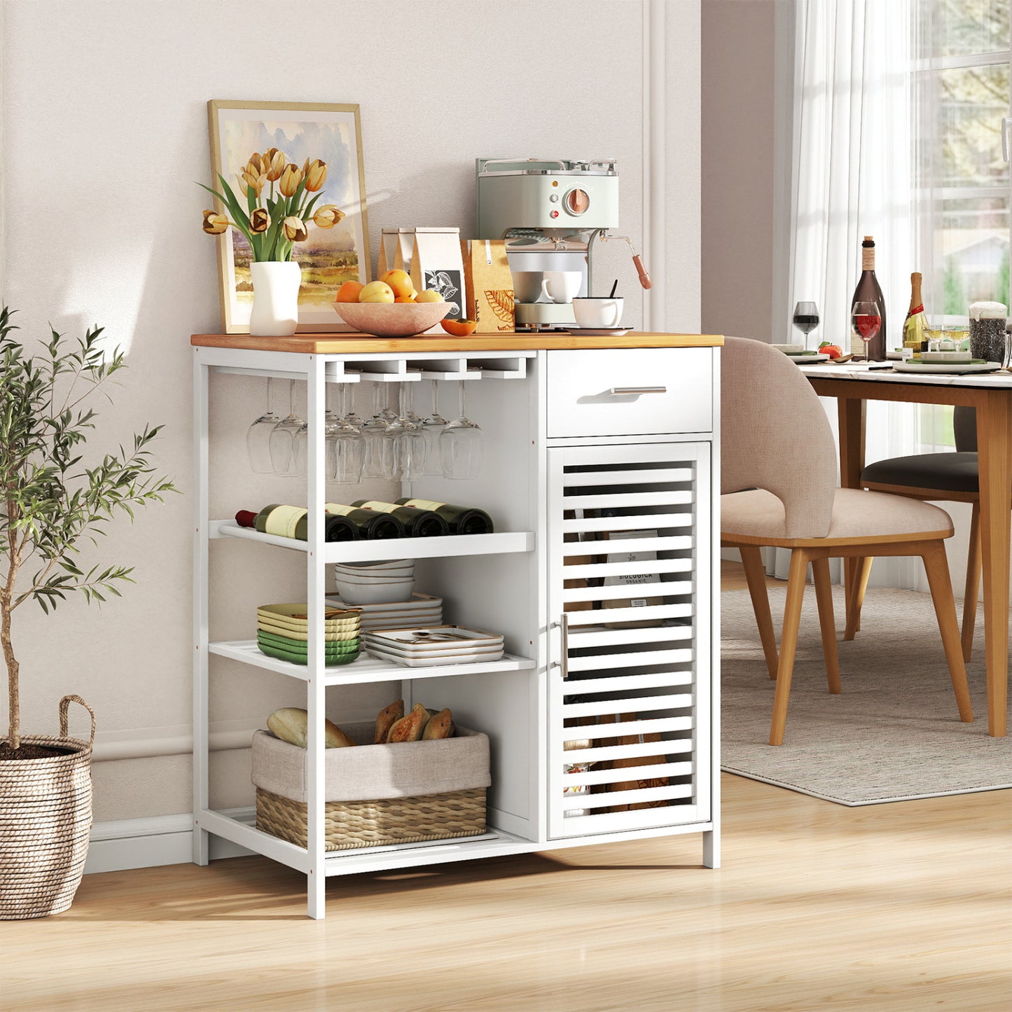 Coffee Bar Cabinet with Glass Holder Wine Rack and Bamboo Top-White