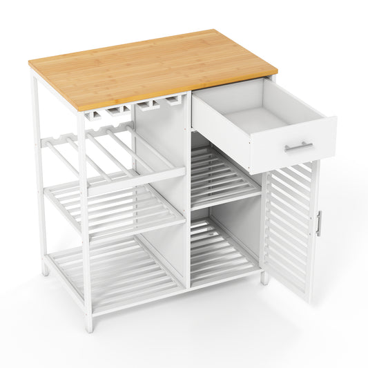 White coffee bar cabinet with glass holder, wine rack, and bamboo top, perfect for kitchen or dining room storage.
