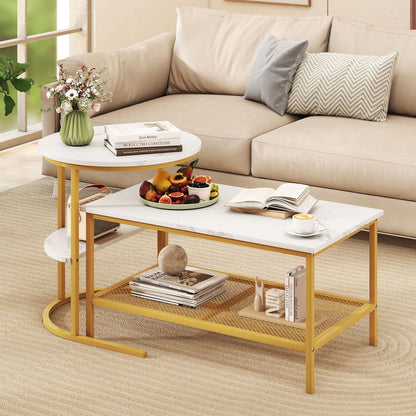 Coffee Table 2-Tier Rectangle Coffee Table and Side End Table with Storage Shelves-Rustic Brown