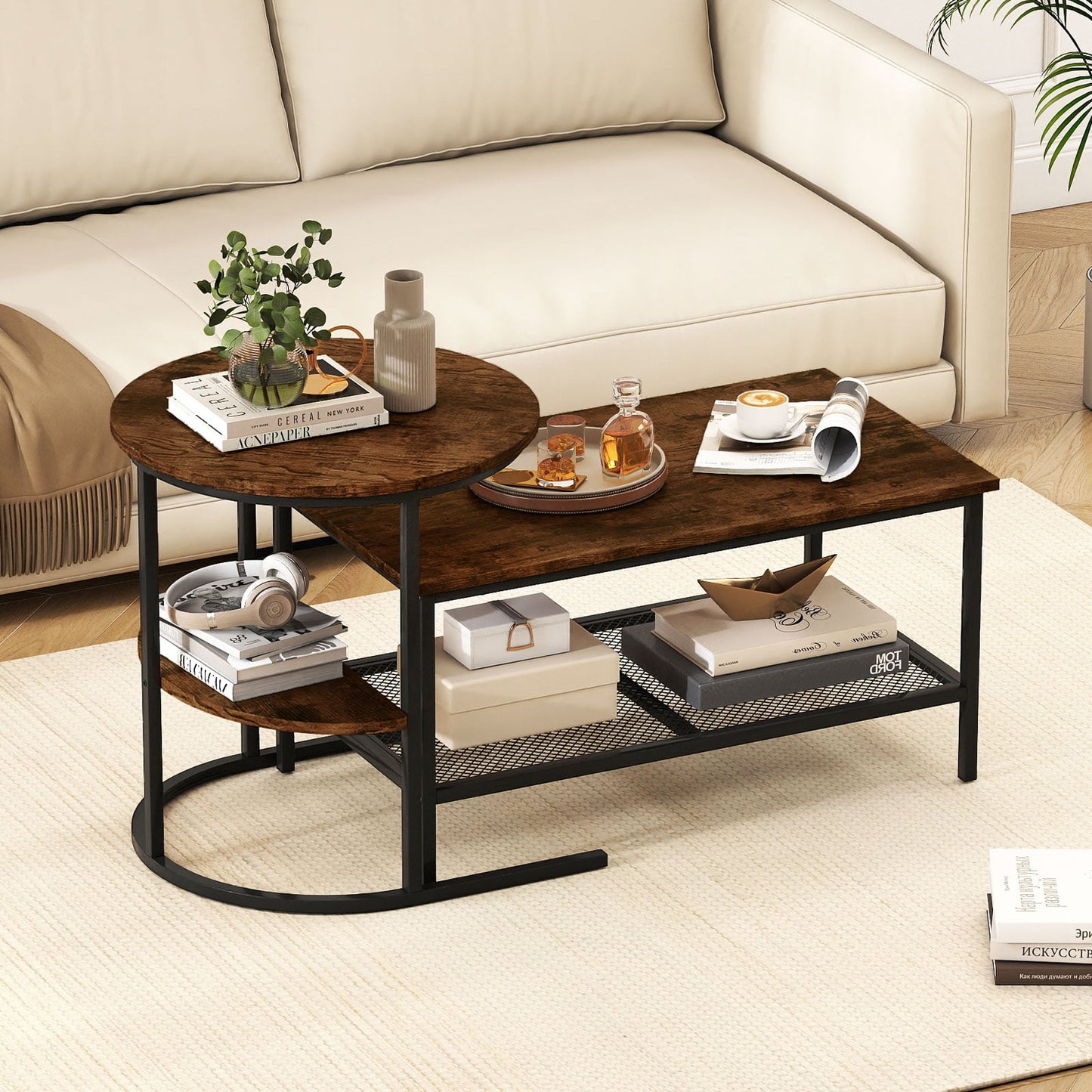 Coffee Table 2-Tier Rectangle Coffee Table and Side End Table with Storage Shelves-Rustic Brown