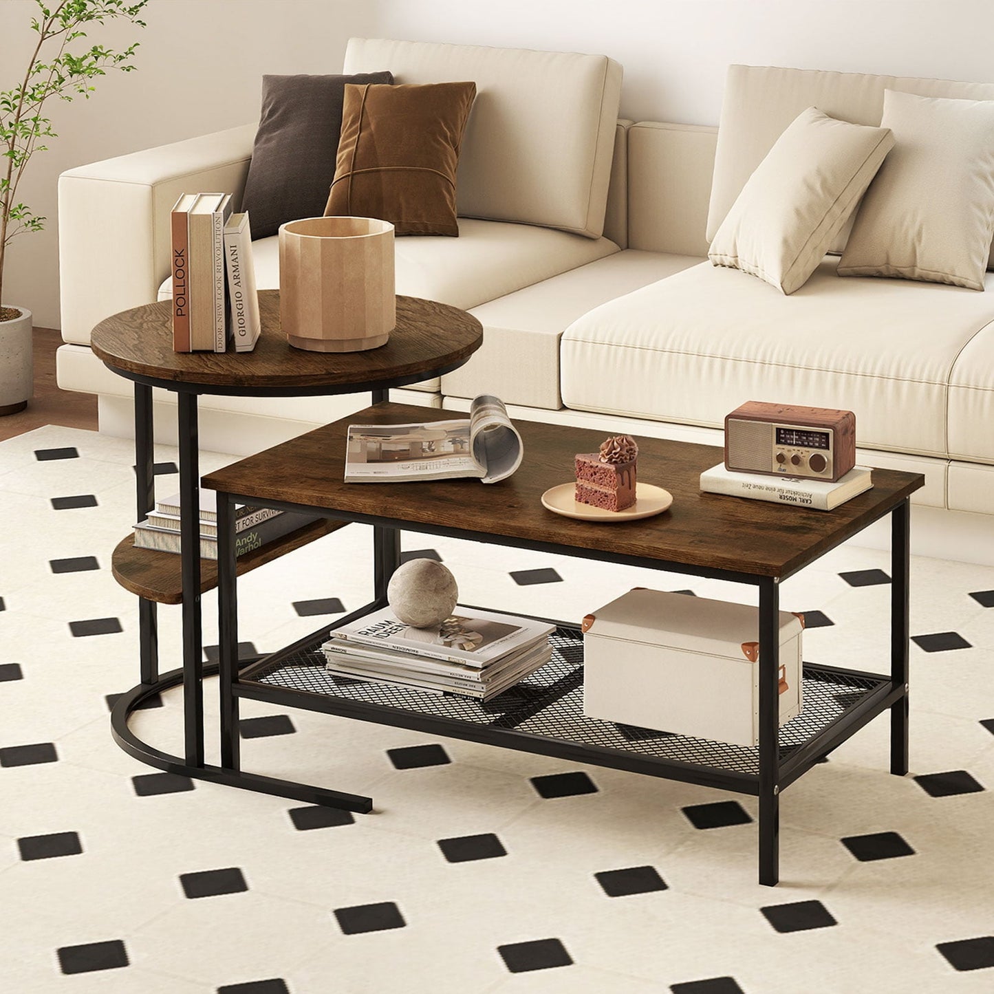 Coffee Table 2-Tier Rectangle Coffee Table and Side End Table with Storage Shelves-Rustic Brown