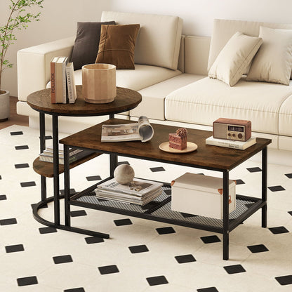 Coffee Table 2-Tier Rectangle Coffee Table and Side End Table with Storage Shelves-Rustic Brown