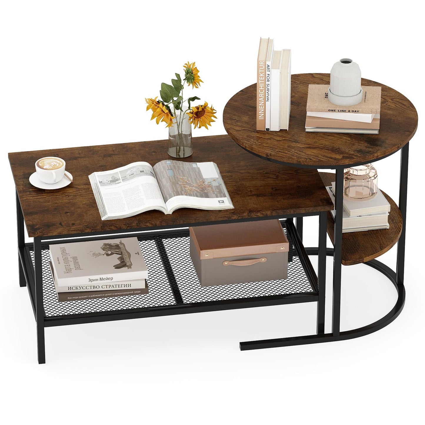 Coffee Table 2-Tier Rectangle Coffee Table and Side End Table with Storage Shelves-Rustic Brown