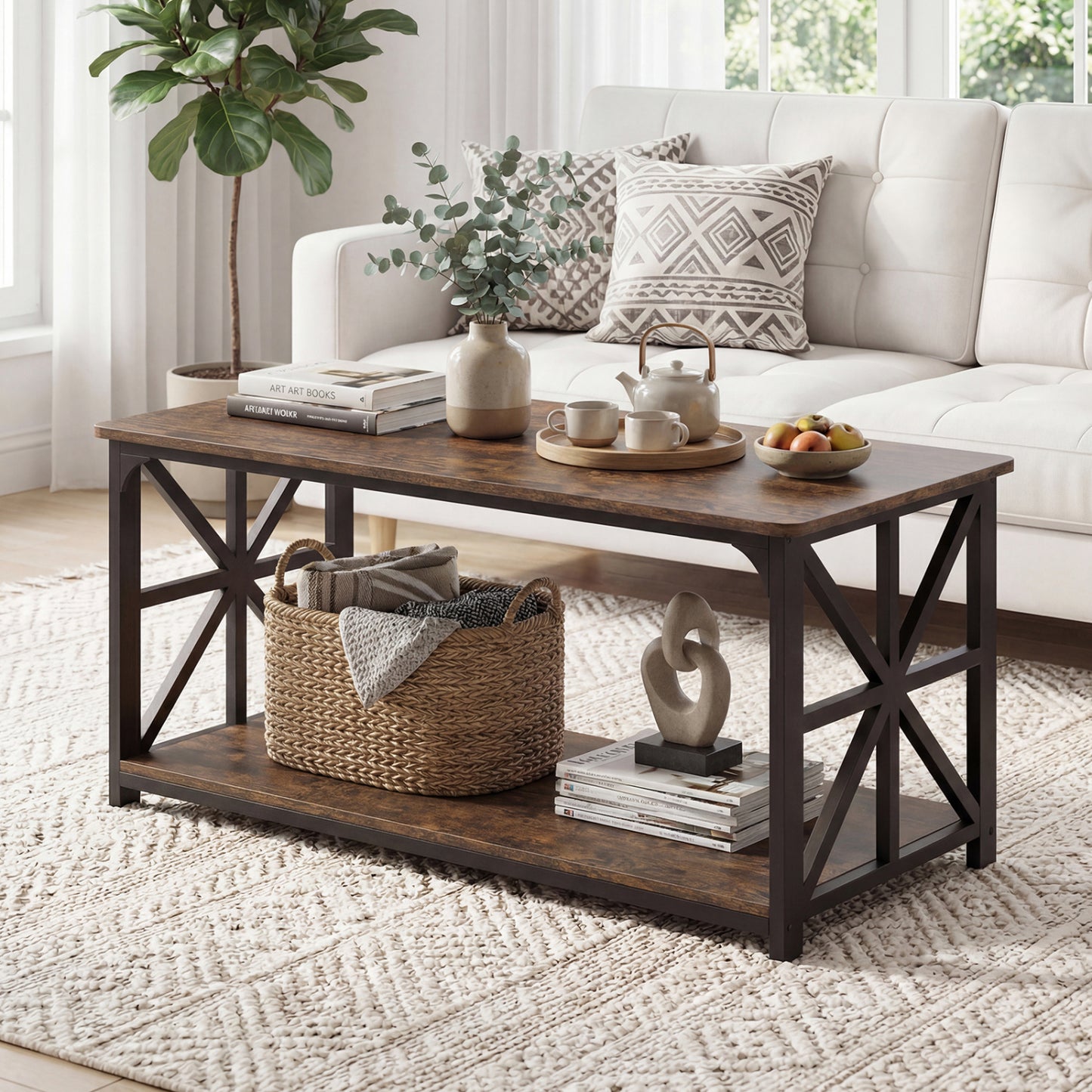 Coffee Table 2-Tier Center Table with Storage Shelf-Oak