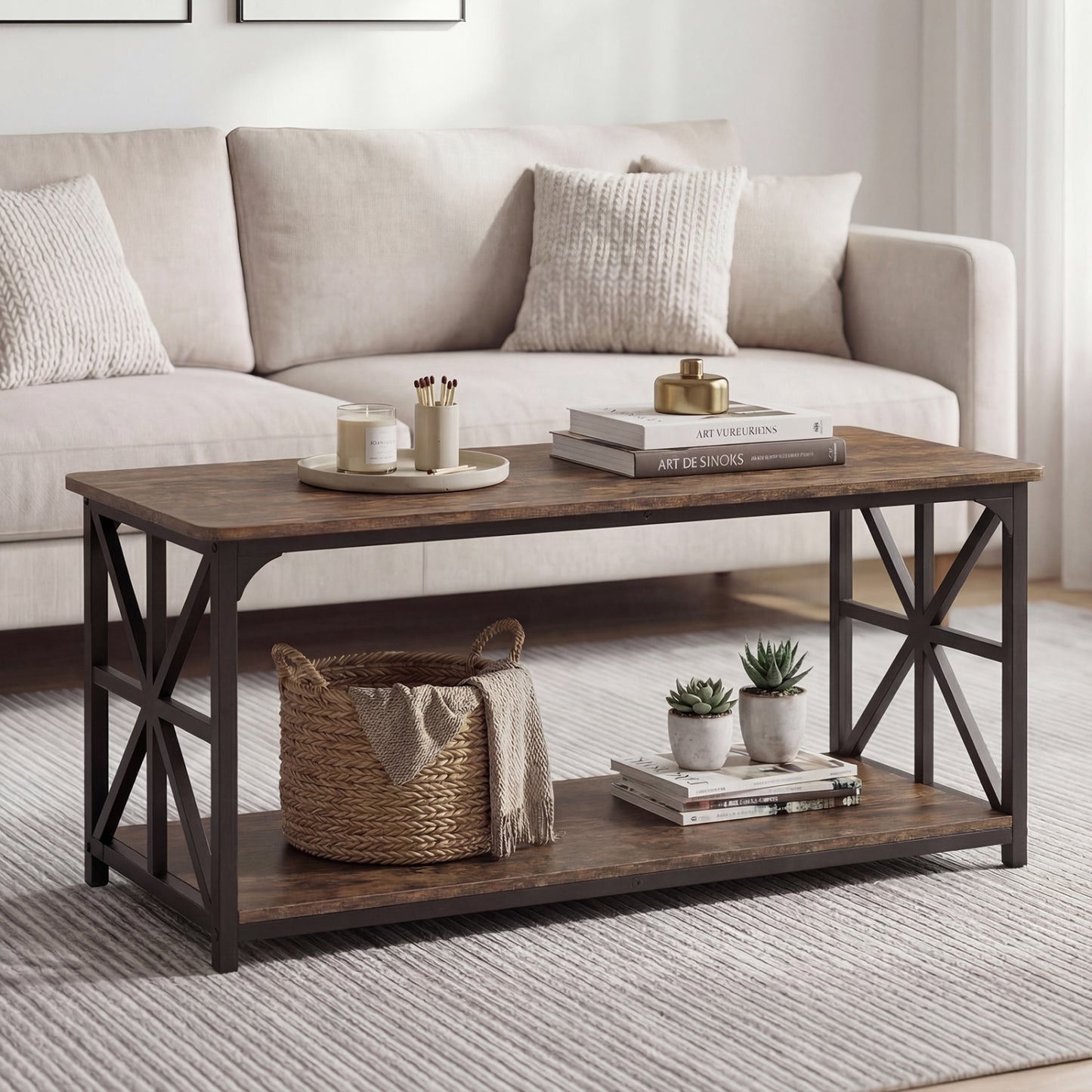 Coffee Table 2-Tier Center Table with Storage Shelf-Oak