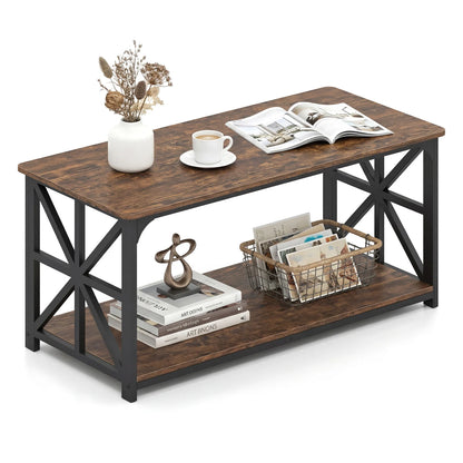 Coffee Table 2-Tier Center Table with Storage Shelf-Oak