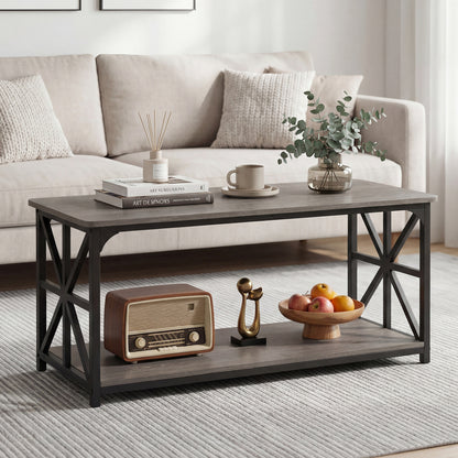 Coffee Table 2-Tier Center Table with Storage Shelf-Oak