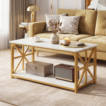 Coffee Table 2-Tier Center Table with Storage Shelf-Oak