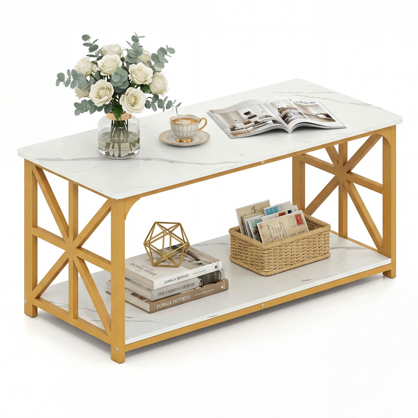 Coffee Table 2-Tier Center Table with Storage Shelf-Oak