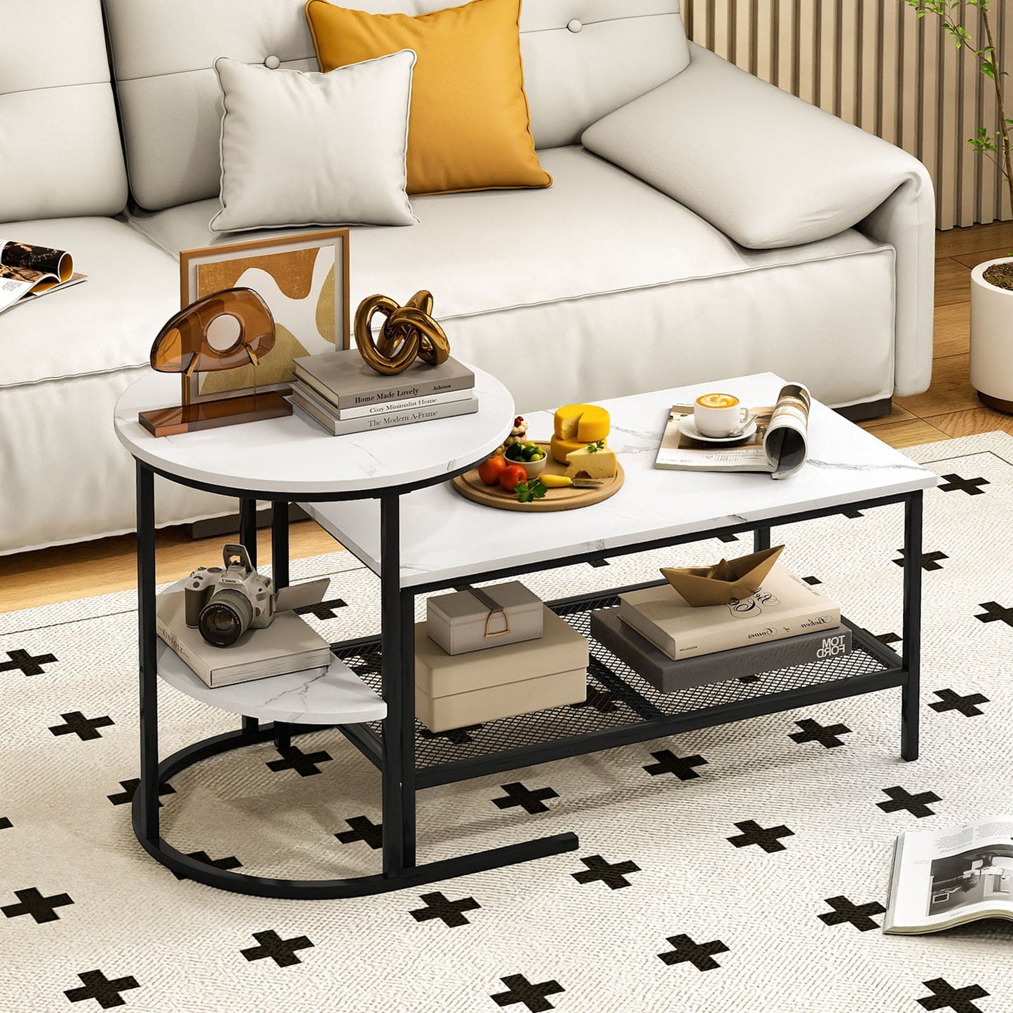 Coffee Table 2-Tier Rectangle Coffee Table and Side End Table with Storage Shelves-Rustic Brown