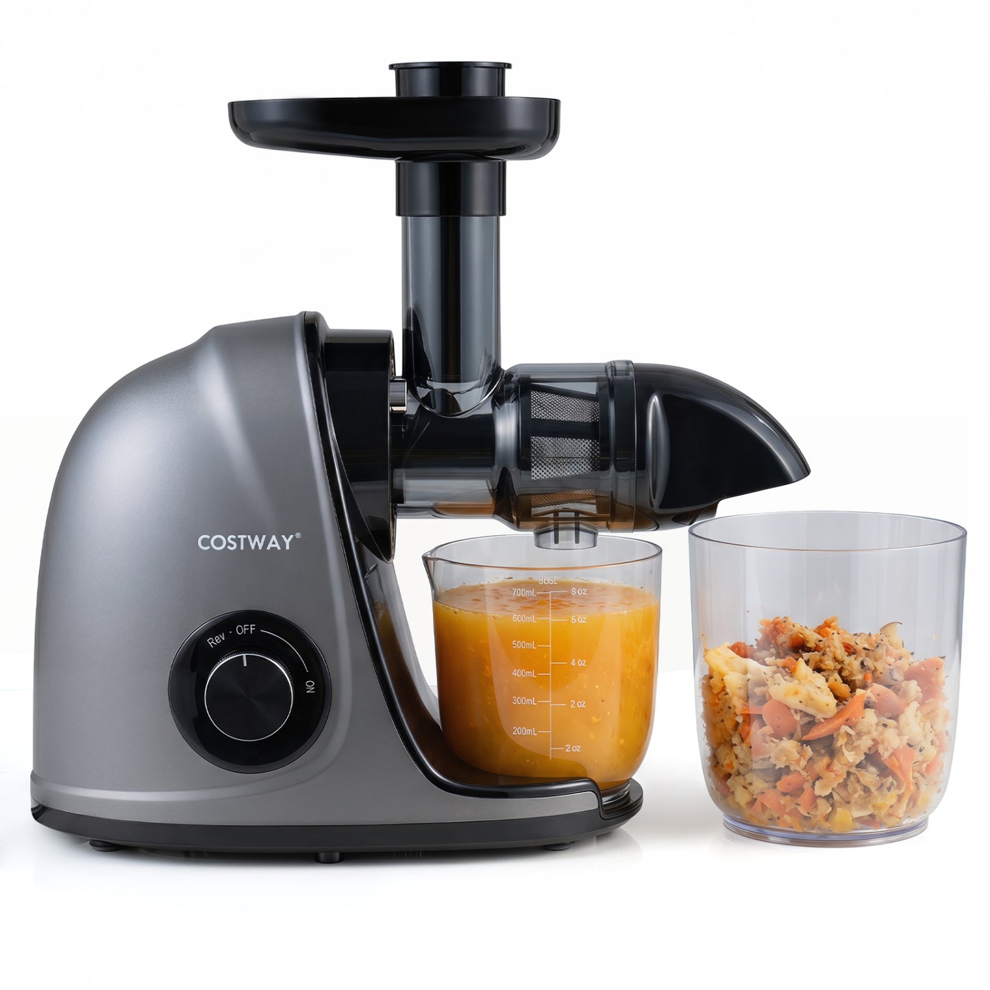 Silver cold press juicer machine with two-speed modes and high 95% juice yield, ideal for fresh fruit and vegetable juices.