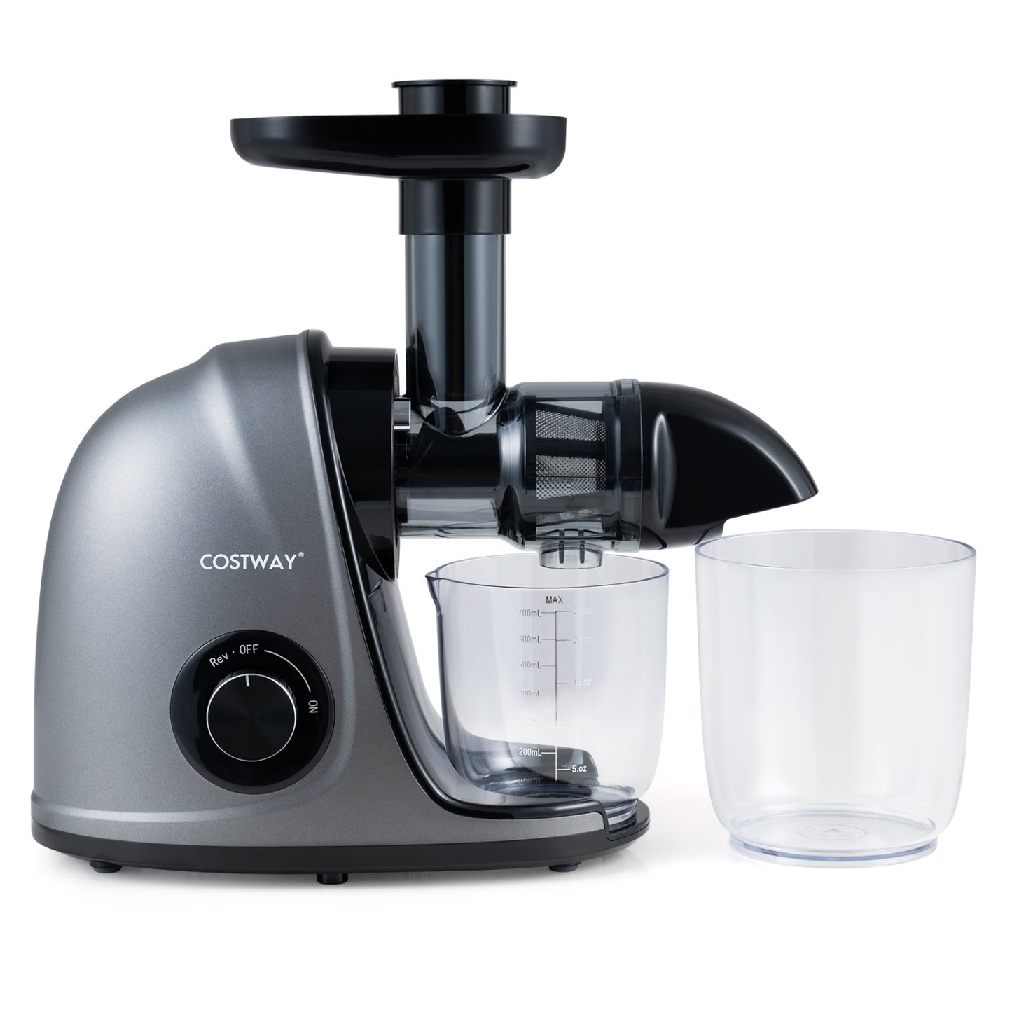 Silver cold press juicer machine with 2-speed modes and high yield, ideal for fresh juice extraction in kitchen appliances.