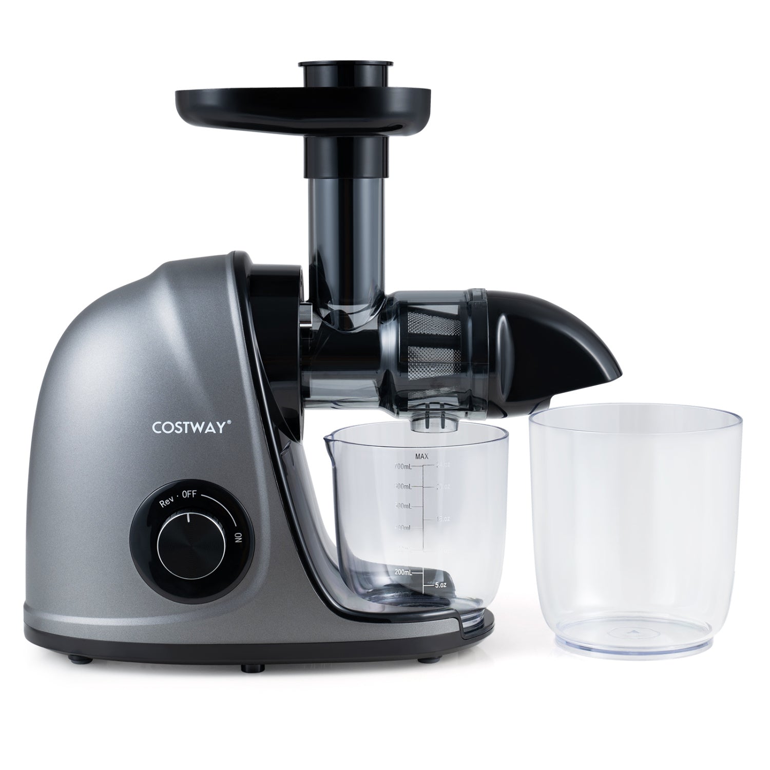 Silver cold press juicer machine with 2-speed modes and high yield, ideal for fresh juice extraction in kitchen appliances.