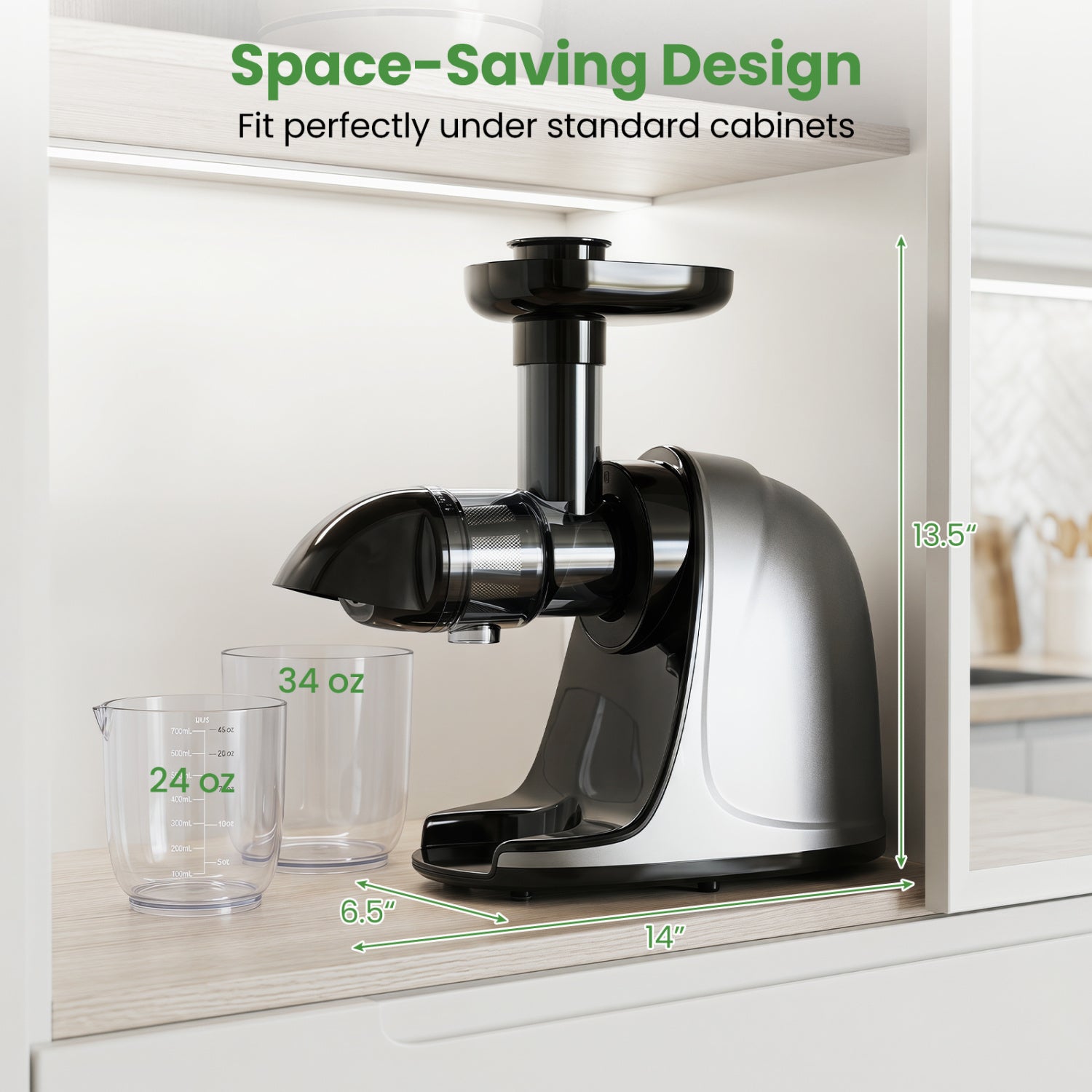 Silver cold press juicer machine with 2-speed modes and high yield, ideal for fresh fruit and vegetable juice extraction.