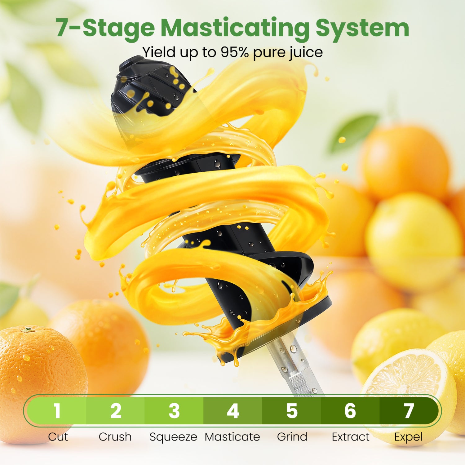 Silver cold press juicer machine with two-speed modes and high 95% juice yield, ideal for fresh juice extraction.