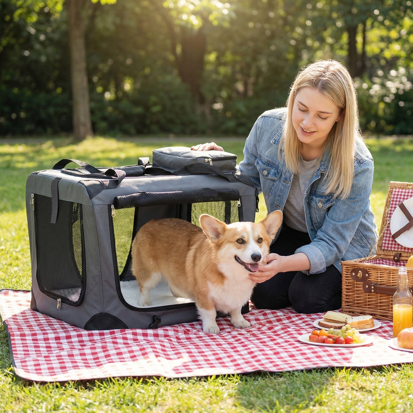 Soft collapsible dog crate with mesh windows and three doors, ideal for travel and indoor use, by Direct by Wilsons Home Store.