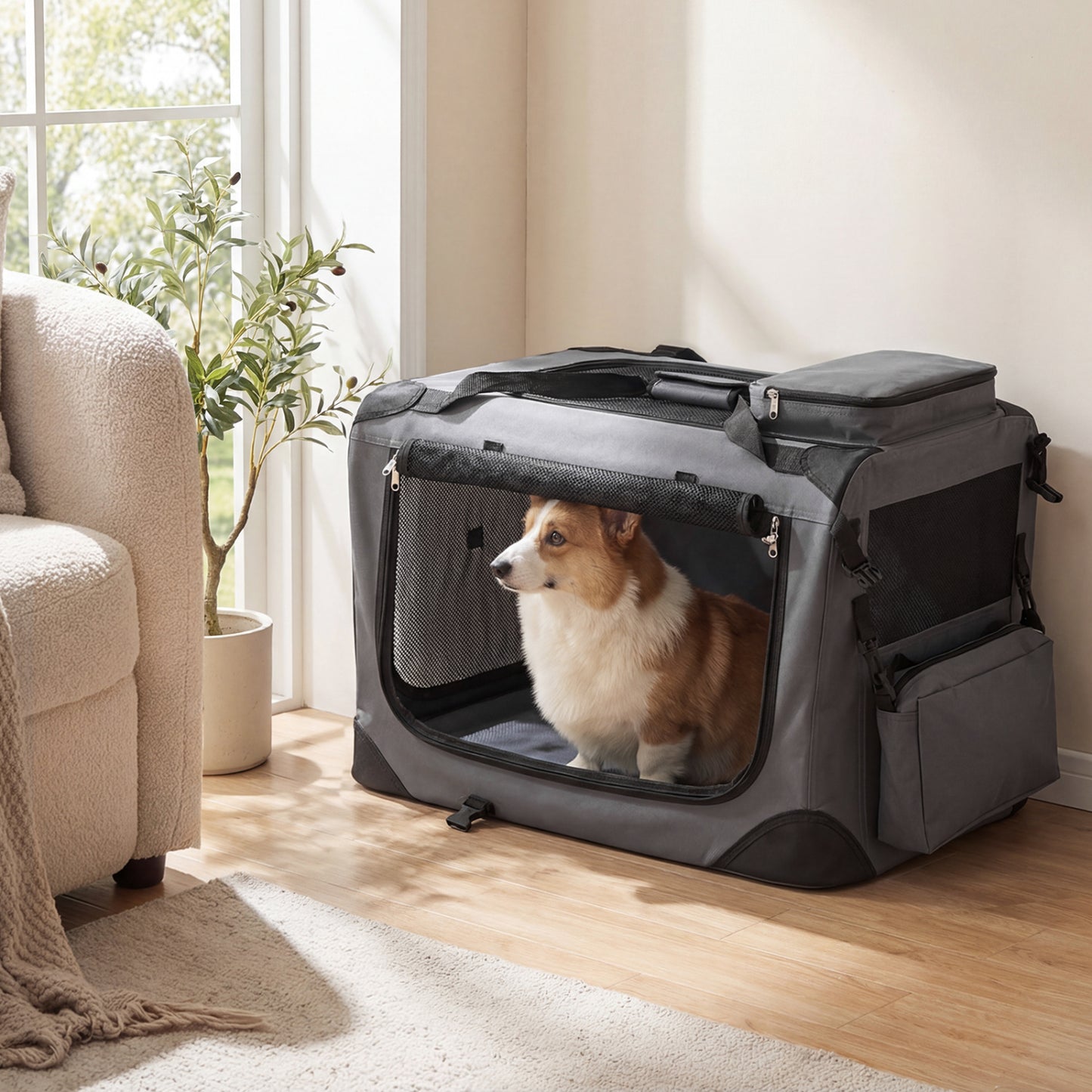 Soft collapsible dog crate with mesh windows and three doors, ideal for travel and providing ventilation and easy access.