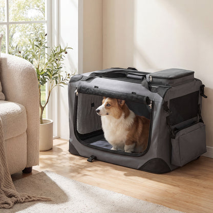 Soft collapsible dog crate with mesh windows and three doors, ideal for travel and providing ventilation and easy access.