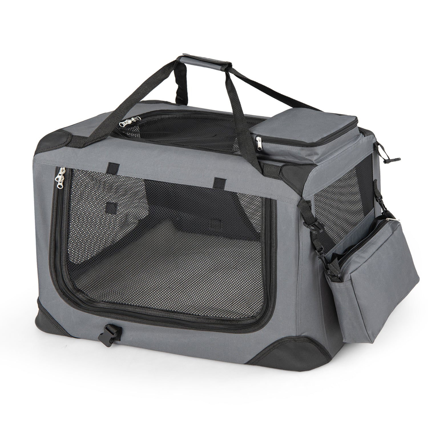 Soft collapsible dog crate with mesh windows and three doors, ideal for travel and pet comfort.