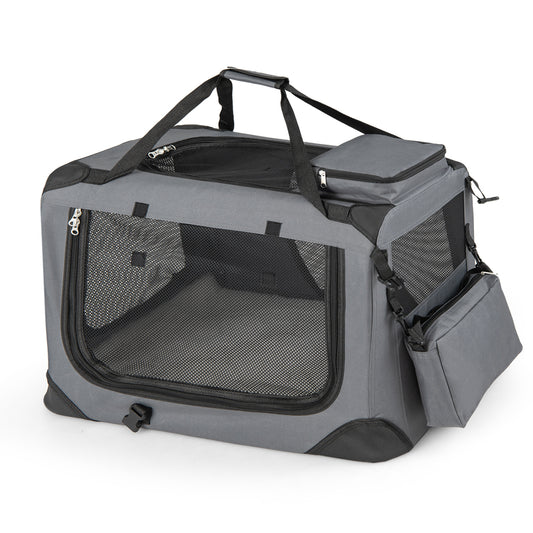 Collapsible soft dog crate by Wilsons Home Store with mesh windows, three doors, ideal for travel and indoor use.