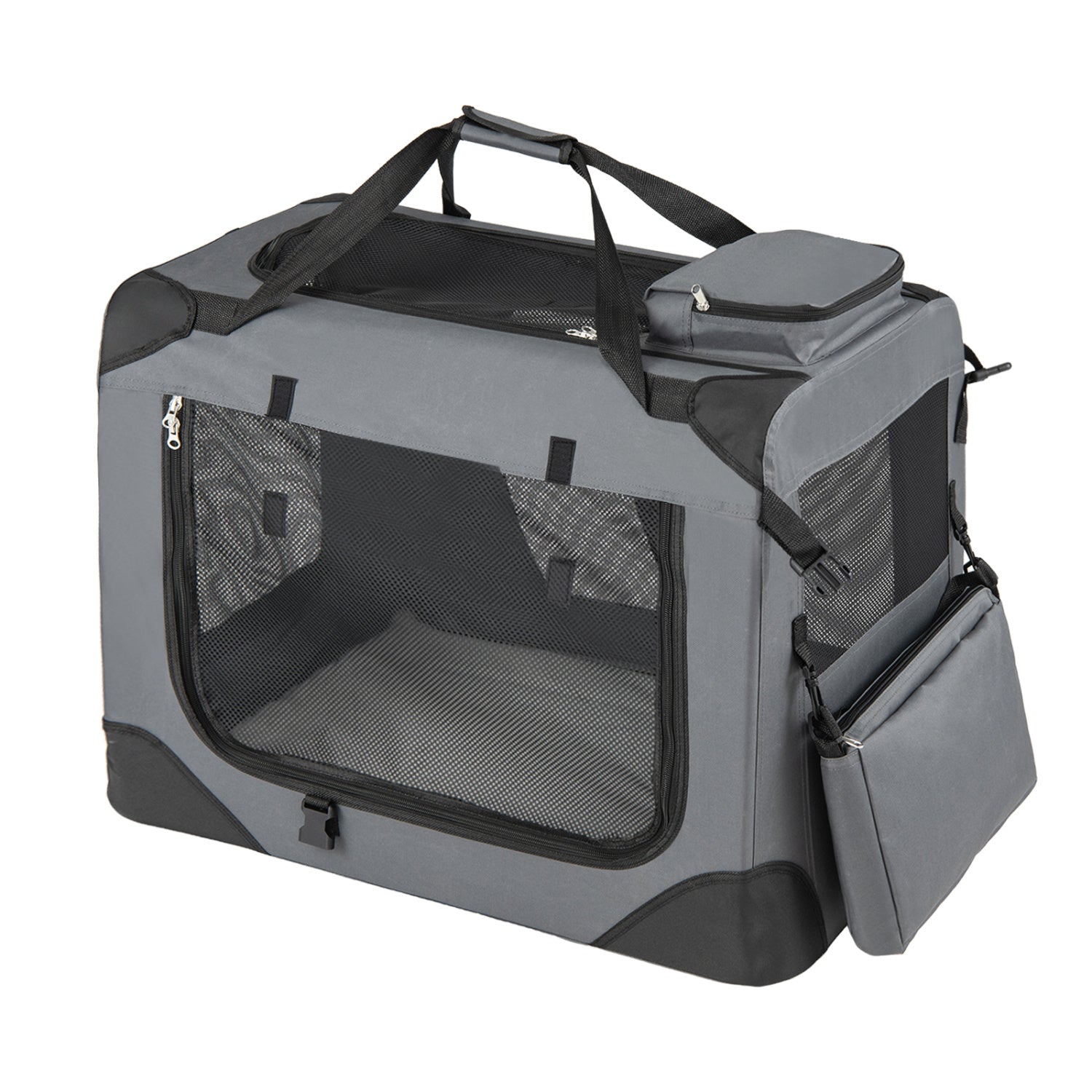 Soft collapsible dog crate with mesh windows and three doors, ideal for travel and home use, by Direct by Wilsons Home Store.