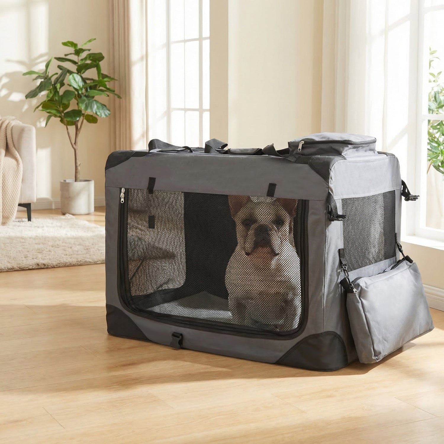Soft collapsible dog crate with mesh windows and three doors, ideal for travel and easy to fold for storage.