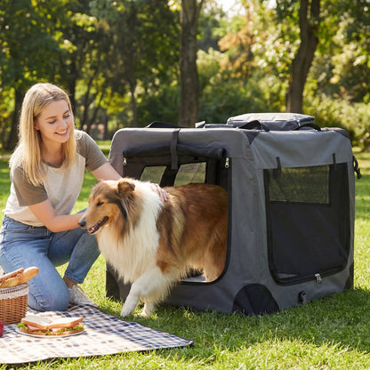 Soft collapsible dog crate with mesh windows and three doors, ideal for travel and indoor use, by Direct by Wilsons Home Store.