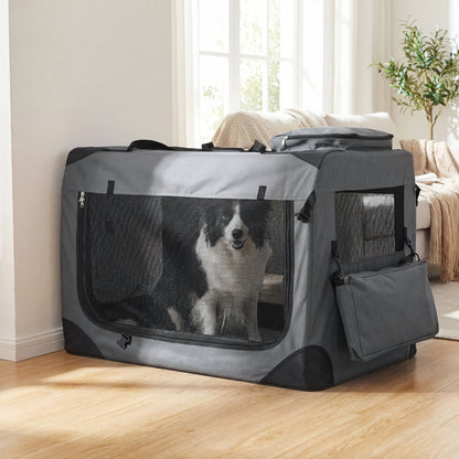 Collapsible soft dog crate with mesh windows and three doors, ideal for travel and indoor use, by Direct by Wilsons Home Store.