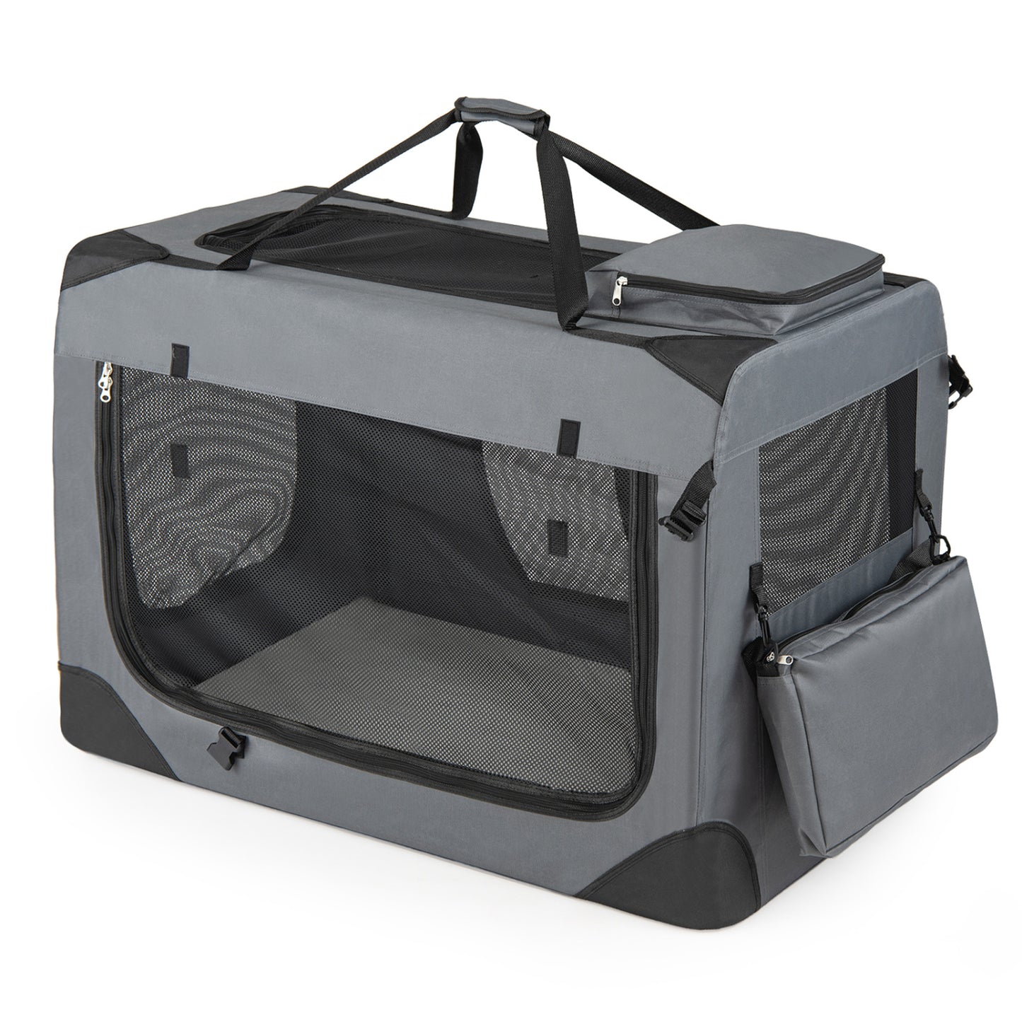 Soft collapsible dog travel crate with mesh windows and three doors, designed for easy transport and ventilation.