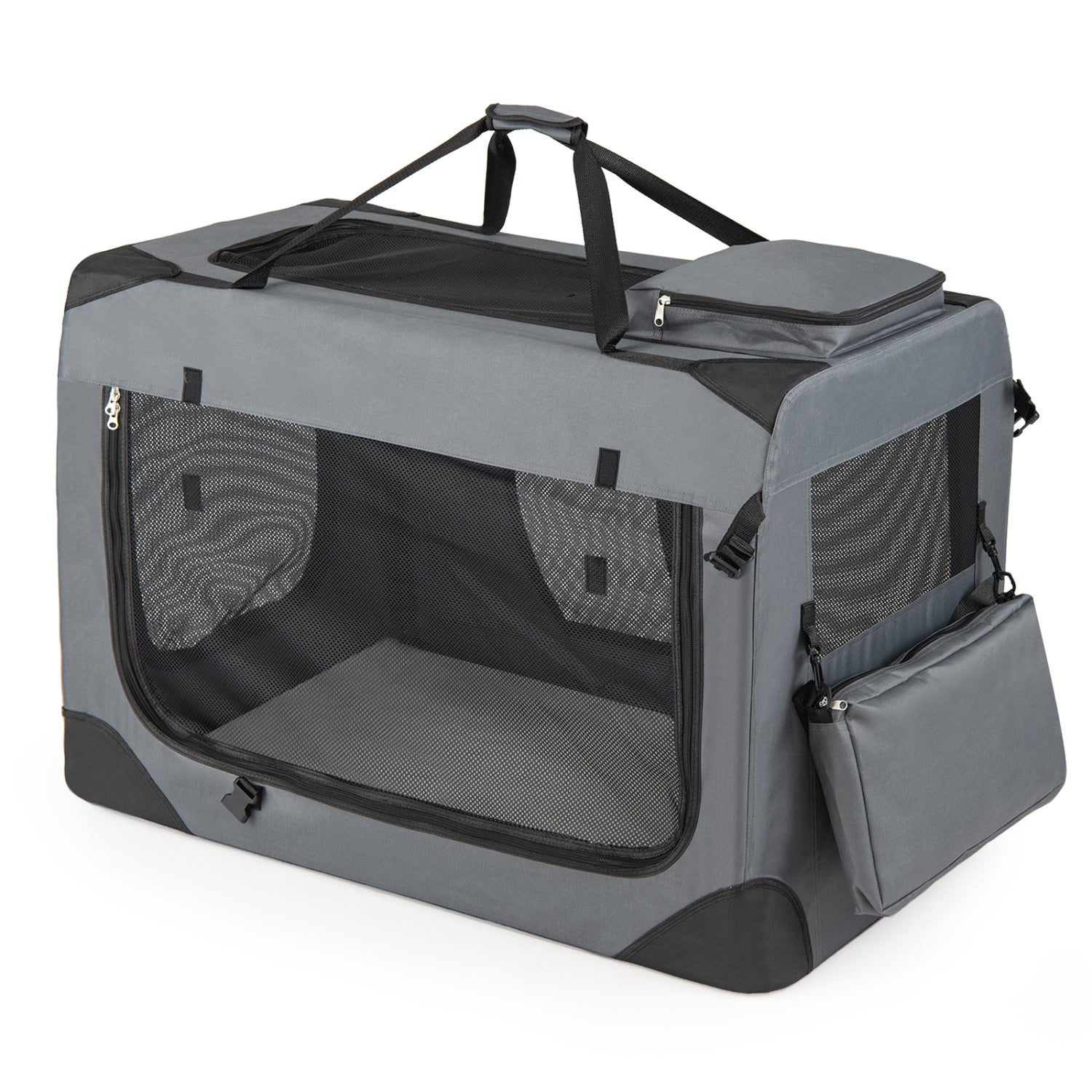 Soft collapsible dog travel crate with mesh windows and three doors, designed for easy transport and ventilation.
