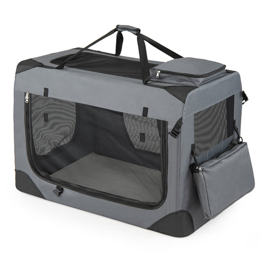 Large collapsible soft dog crate with mesh windows and three doors, ideal for travel and indoor use by pets.